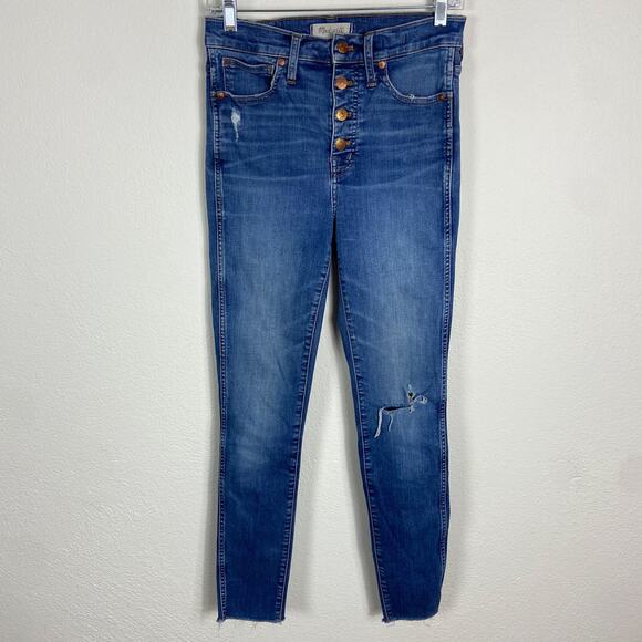 Madewell 10" High Rise Skinny Jean Size 27 Hanna Wash Blue Button Fly Distressed - Picture 2 of 9